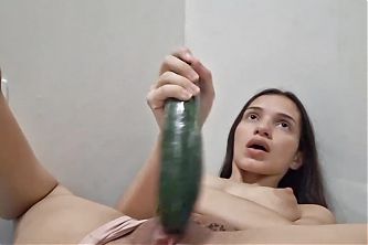 Cute 19 Year Old Brazilian Teen Sinks Her Pussy With A Cucumber, Fucks Fucks Non-Stop Until You Cum